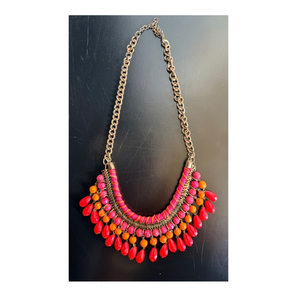 Elegant Red, Gold and Pink Beaded Chain Necklace
